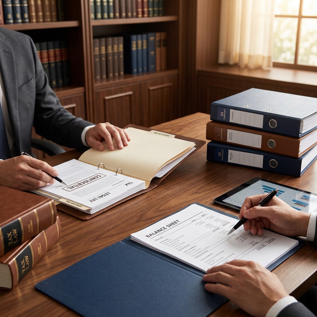 Document review for tax and legal matters on a professional workspace.