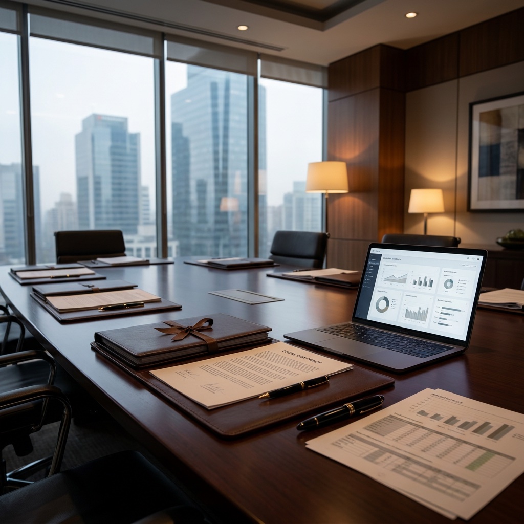 Elegant corporate boardroom meeting space with tidy folders, printed financial spreadsheets, an elegant fountain pen, and a laptop with business analytics.